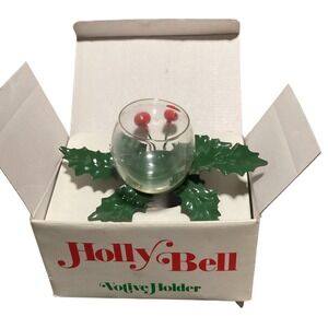 Dept 56 Holly Bell Votive Holder Glass Cup Metal Holly Leaves & Red Berries Xmas